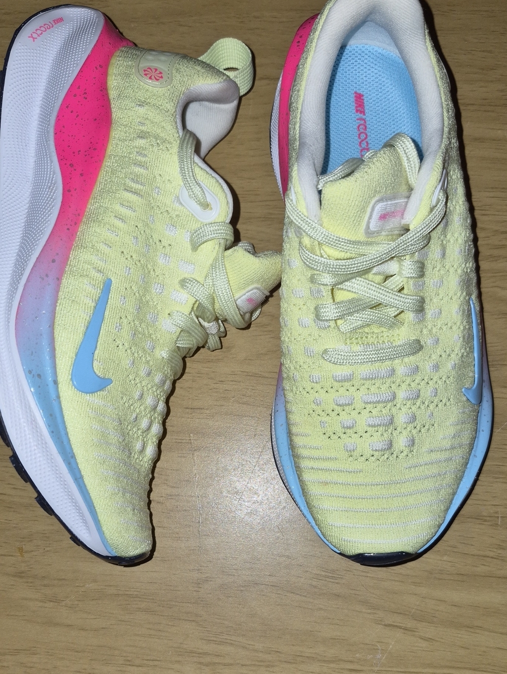Nike Women's Yellow Flyknit Athletic Sneakers with Pink & Blue Accents Size 6